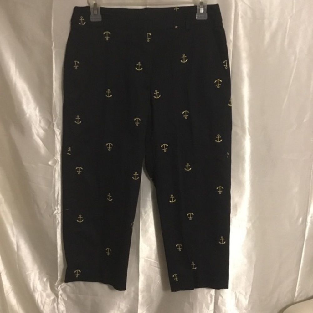 Kim Rogers Navy Blue Anchor Pintuck Pocket Casual Summer Capris 6p